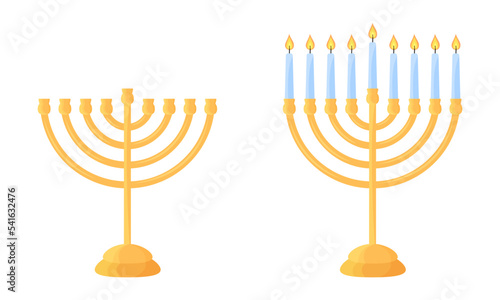 Hanukkah menorah empty and with lit candles. Set of traditional Jewish Hanukah symbol. Isolated golden chanukiah holder with nine candles on white background. Flat vector illustration