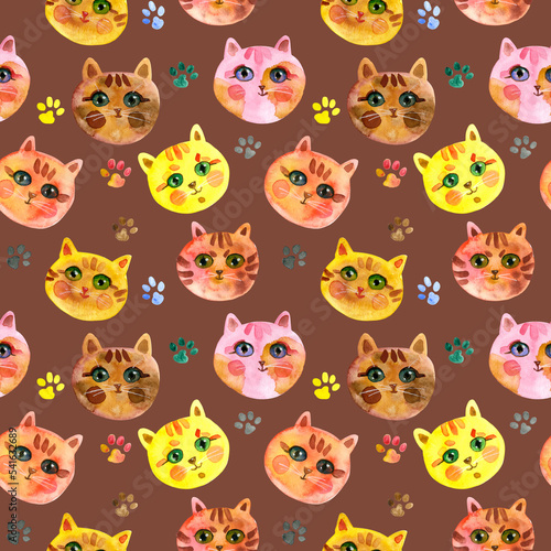 Seamless pattern of Cartoon faces of cats on a light brown background. Cute Cat muzzle. Watercolour hand drawn illustration. For fabric, sketchbook, wallpaper, wrapping paper.