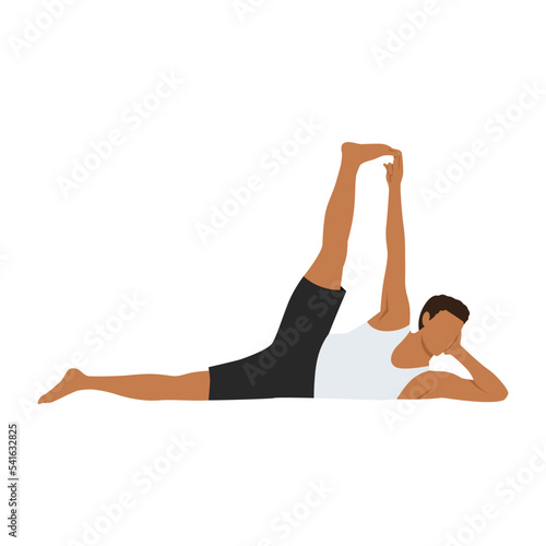 Man doing Side Reclining Leg Lift Pose, Vishnu Pose, Eternal One Pose. Practice Anantasana. Flat vector illustration isolated on white background