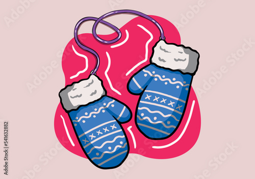 Hand drawn blue pair of woolen knitted mittens with zigzag pattern. Cozy winter gloves isolated on background.