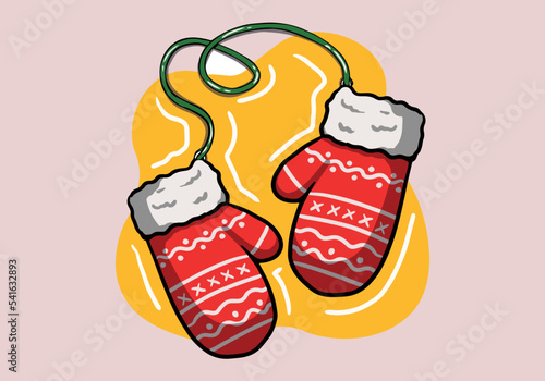 Hand drawn red pair of woolen knitted mittens with zigzag pattern. Cozy winter gloves isolated on background.