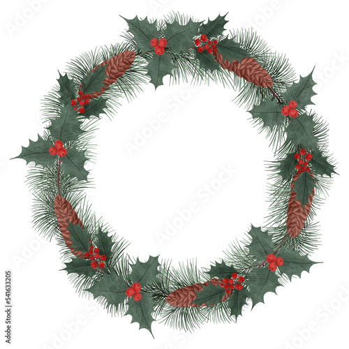 Christmas wreath in watercolor style. Isolated clipart element.
