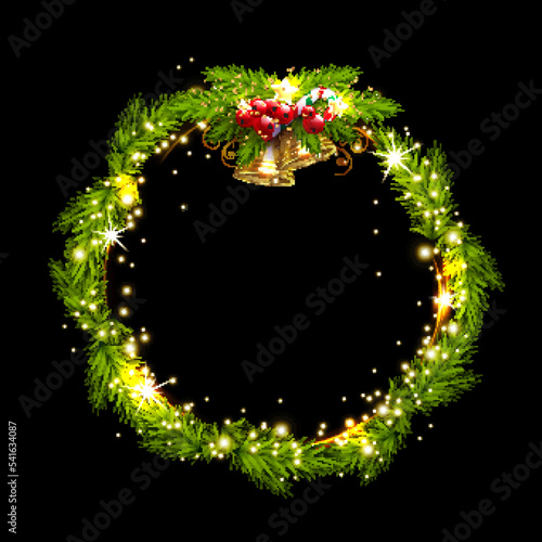 Fototapeta Naklejka Na Ścianę i Meble -  Isolated Christmas wreath with golden bells on a black background