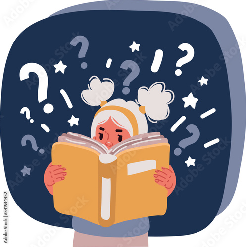 Cartoon vector illustration of little kid reading book and have a qwestions