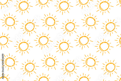 Hand drawn doodle suns seamless pattern. Children drawing of yellow sun. Baby summer simple texture. Vector illustration in white background.