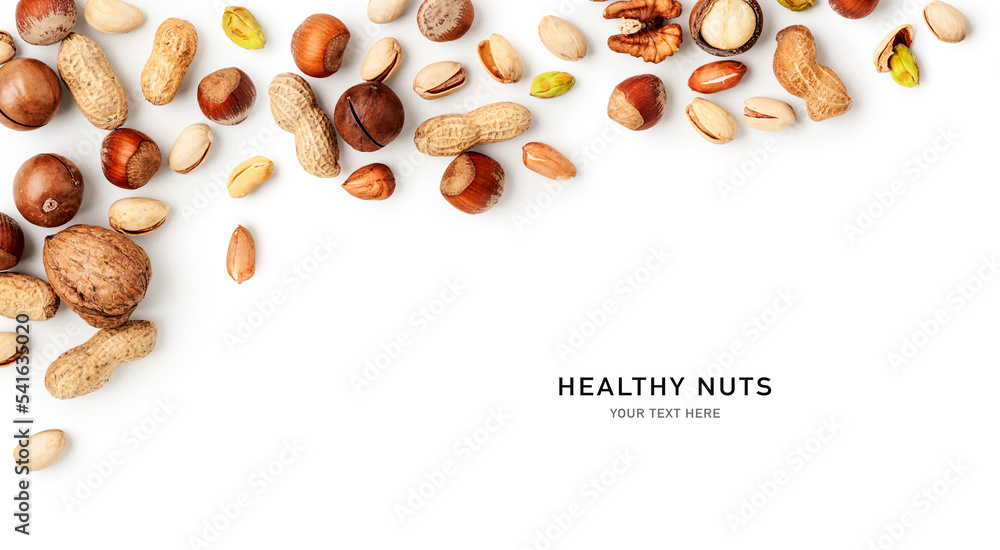 Mixed nuts border on white background. Creative layout Stock Photo