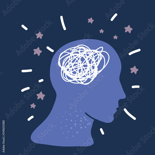 Cartoon vector illustration of heads with messy complicated line. Concept of solving problem, situation, chaos and mess, psychotherapy