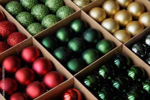 christmas tree decorations - close up of Christmas baubles in box