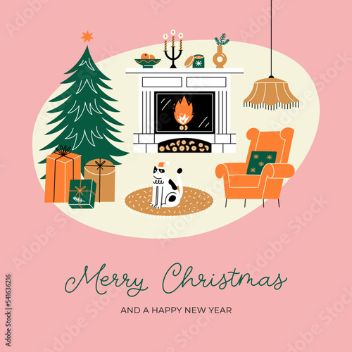 Cozy interior with Christmas tree, cat and fireplace. 