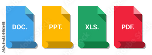 Vector of document file format. Doc icon,ppt icon,xls icon and pdf icon. Portabel document format. Digital spreadsheet document. Presentation document.