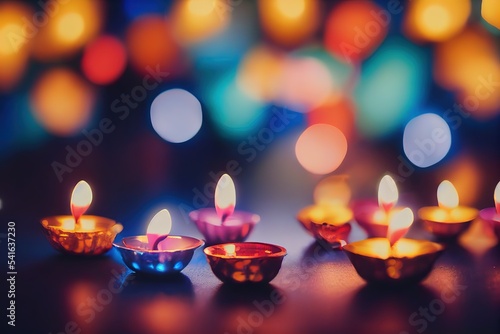Happy Diwali - Diya lamps lit during diwali celebration, blue tone, bokeh background