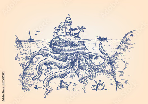 Doodle of a Giant Octopus disguised as an Island  attacks a fisherman. Can be a symbol of Legendary sea monsters like the Kraken and more. Hand drawn pen ink artwork. Editable EPS10.