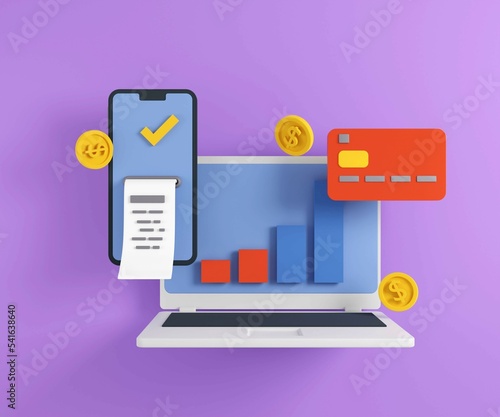 3d illustration of banking devices. Online bank service for laptop and laptop render.