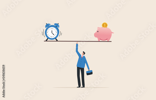 Time Finance. Business and Commercial Funding Solutions. time and money management. businessman balance a seesaw with clock and piggy bank.