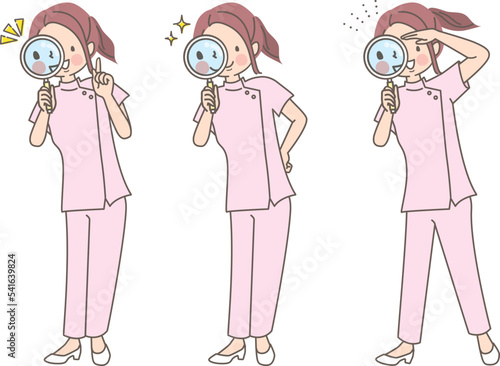 虫眼鏡から覗く女性看護医師のベクターイラスト素材