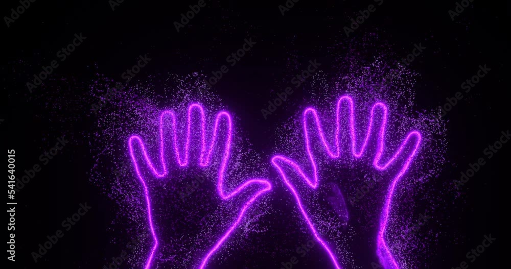 Glowing vfx neon contours of palms waving at camera. Concept of party, fans, concert, spectators, greeting, admiration, idolatry, fans, concert, star. Glowing vfx neon contours of palms waving at camera. Concept of party, fans, concert, spectators, greeting, admiration, idolatry, fans, concert, star.