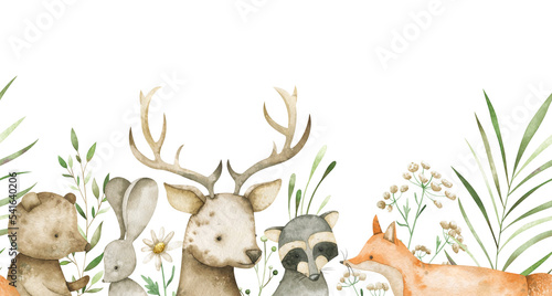 Watercolor seamless border with woodland deer, fox, bear, rabbit, raccoon, flowers and branches. Horizontal repeatable frame for creative design