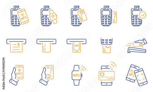 NFC Technology Wireless Payment on Terminal Line Icon Set. POS Pay Transaction by Mobile Phone, Smart Watch, Credit Card Pictogram. ATM Money Withdraw. Editable Stroke. Isolated Vector Illustration