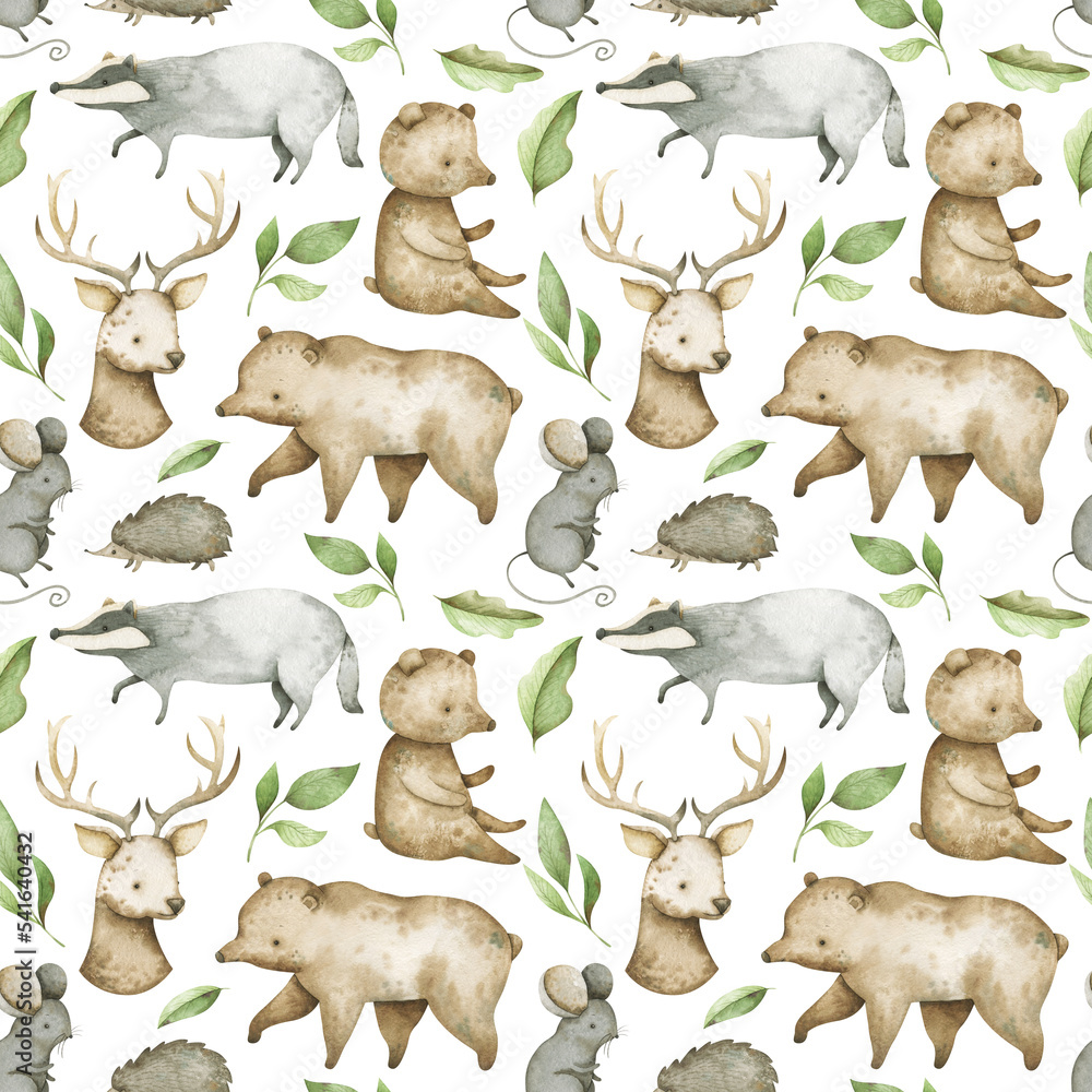 Watercolor seamless pattern with deer, badger, mouse, beer and forest leaves. Delicate background for creative design