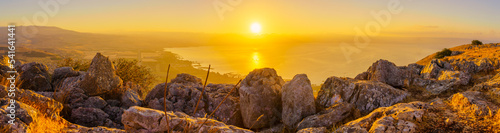 Print op canvas Sunrise panorama of the Sea of Galilee, from Mount Arbel