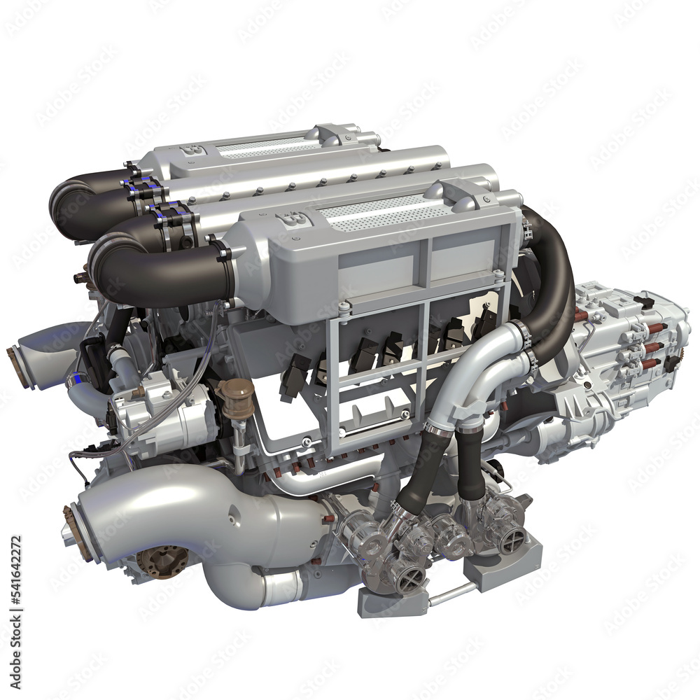 V16 Engine 3D rendering on white background V16 Engine 3D rendering on white background