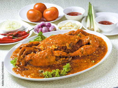 Closed up of delicious Chilli Crab with sauce and fresh ingredients