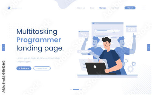 Multitasking programmer illustration on landing page design