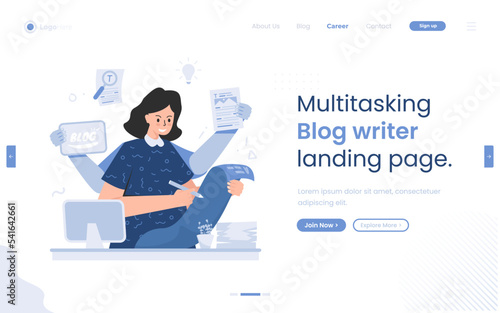 Multitasking blog writer illustration on landing page design