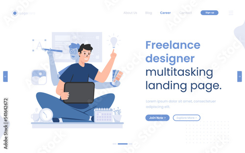 Freelance designer with multitasking concept illustration on landing page