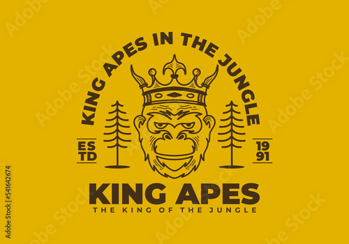 Vintage art illustration of a apes head wearing crown
