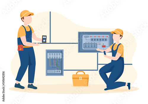 Lighting and Electricity Energy Maintenance Service Panel Cabinet of Technician Electrical Work on Flat Cartoon Hand Drawn Templates Illustration