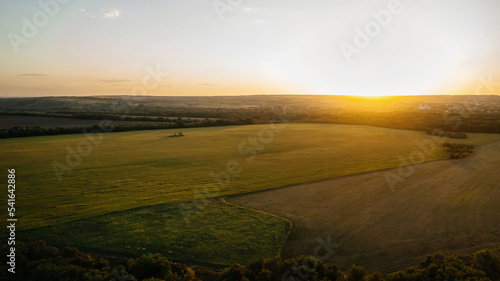 Aerial view of forest horizon, sky and agricultural fields in summer at sunset.