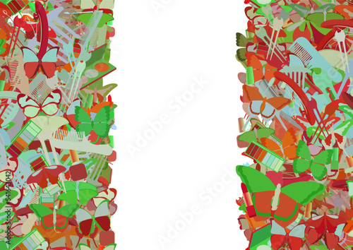 Background pattern abstract seamless design texture. Vertical stripes. Border frame, transparent background. Theme is about hair clips, claw, Butterfly, raker, comb, cosmetics, wildlife