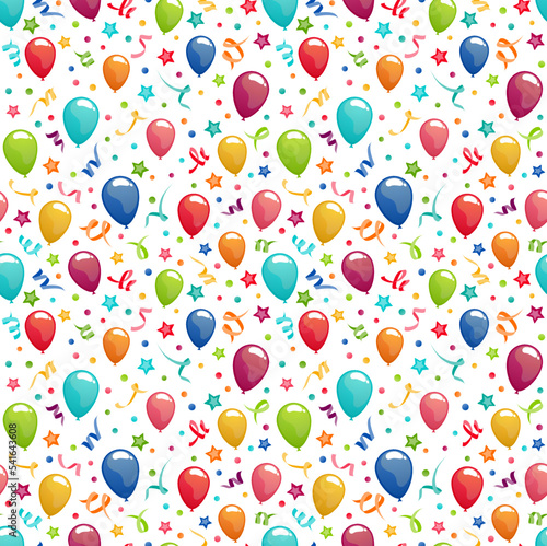 birthday background with balloons, confetti and streamers
