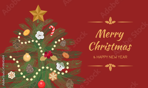 Merry Christmas Happy New Year composition pine fir tree cone candy cane decoration bauble ball star ornaments and chain light.