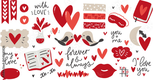 Valentine's day planner sticker set with love theme clipart and quotes. Red and pink diary decoration with hearts, birds, lips, kiss, washi tape pieces, notebooks and romantic phrases.
