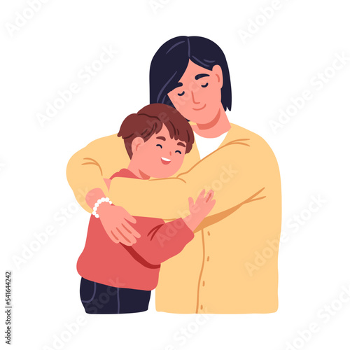 Child hugging mother. Happy kid and mom feeling love, joy. Parent caring about smiling little boy. Family, adult woman and son cuddling together. Flat vector illustration isolated on white background