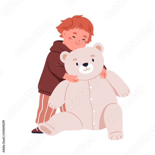 Cute child hugging stuffed toy, teddy. Happy smiling boy embracing plush bear. Joyful kindergarten little kid, nice adorable toddler. Flat vector illustration isolated on white background