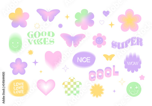 Y2k blurred gradient sticker set. Butterfly, heart, daisy, flower in the trendy psychedelic style of the 90s, 2000s. Pink, yellow, green colors. Cute vector illustrations, elements and signs.