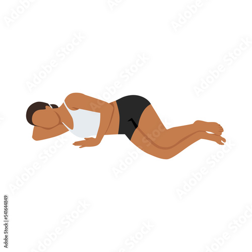 Woman doing Side Lying Savasana, Side Lying Corpse Pose, Side Fetal Pose. Parsva Savasana, Parsva Garbhasana. Flat vector illustration isolated on white background