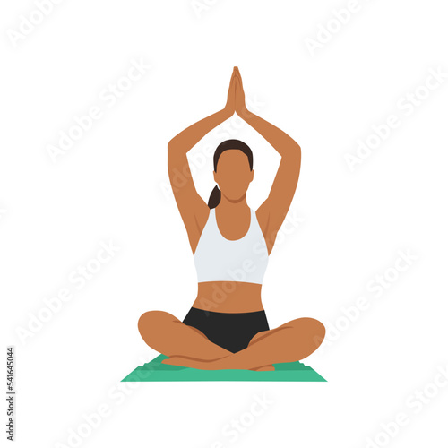 Woman doing Seated Mountain Pose in Auspicious Pose. Practice Parvatasana in Swastikasana. Flat vector illustration isolated on white background photo