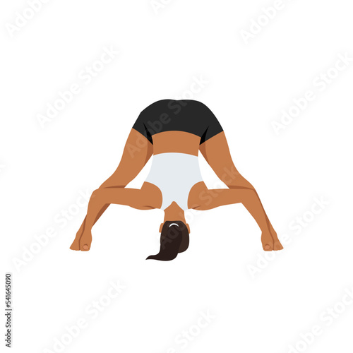 Woman doing intense Leg Stretch Pose D, Wide Legged Forward Fold Pose D, Standing Straddle Forward Bend D, Wide Angle Forward Fold D.Prasarita Padottanasana. Flat vector illustration