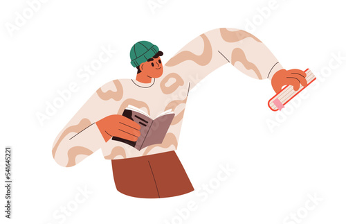 Happy young man holding paper books in hands. Modern person reading literature. Guy reader, student taking, studying, learning with textbooks. Flat vector illustration isolated on white background