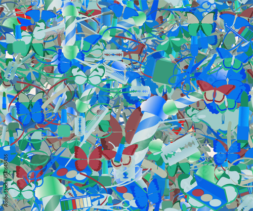 Background pattern abstract seamless design texture. Theme is about pomade, ornate, weaving, nail polish, fly, art, various, barber, scissors, thread, gorgeous, colorful, barbershop, decoration