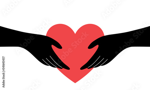 Couple hands with red heart in flat vector illustration.