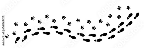 Two black footprint trails (comics silhuoette shapes of a dog paw along with a human shoe), going from the left to the right (horizontal orientation).
