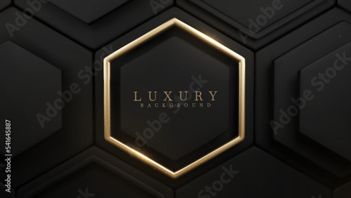 Luxury black background with gold hexagon frame and geometric shape elements with glitter light effect decorations. Realistic 3d style design. Vector illustration.