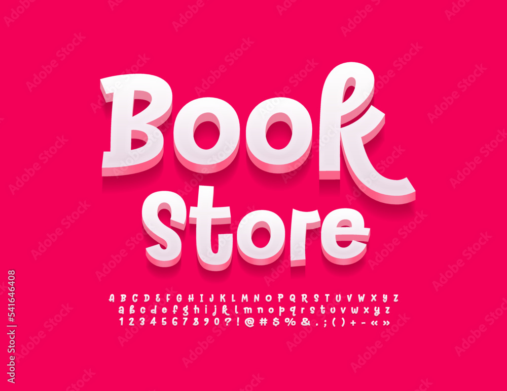 Vector creative logo Book Store. White 3D Font. Handwritten Alphabet Letters, Numbers and Symbols