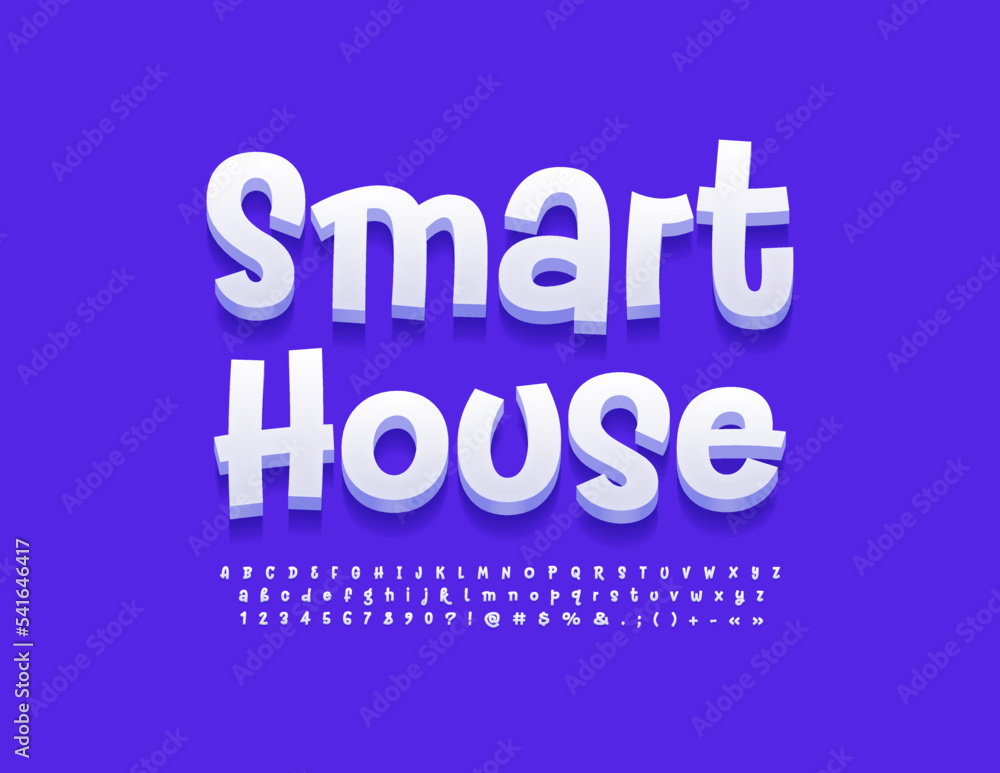 Vector funny emblem Smart House. Playful white 3D Font. Handwritten Alphabet Letters and Numbers set