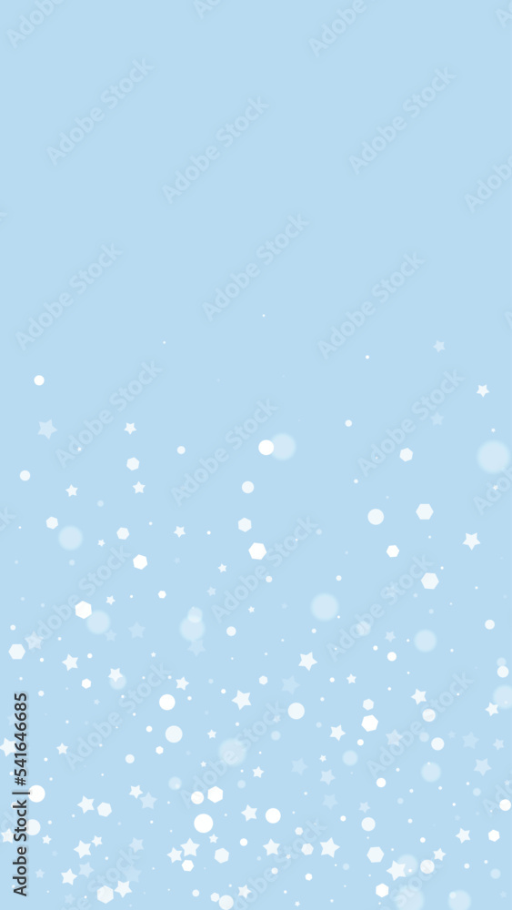 Snowfall overlay christmas background. Subtle flying snow flakes and stars on light blue winter backdrop. Festive snowfall overlay. Vertical vector illustration.